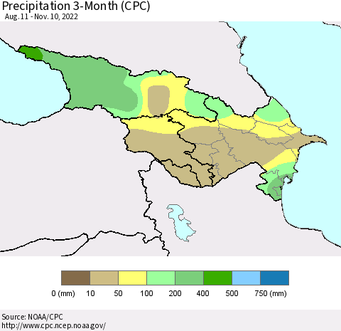 Azerbaijan, Armenia and Georgia Precipitation 3-Month (CPC) Thematic Map For 8/11/2022 - 11/10/2022