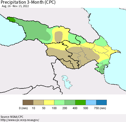 Azerbaijan, Armenia and Georgia Precipitation 3-Month (CPC) Thematic Map For 8/16/2022 - 11/15/2022