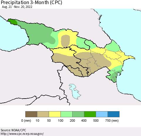 Azerbaijan, Armenia and Georgia Precipitation 3-Month (CPC) Thematic Map For 8/21/2022 - 11/20/2022