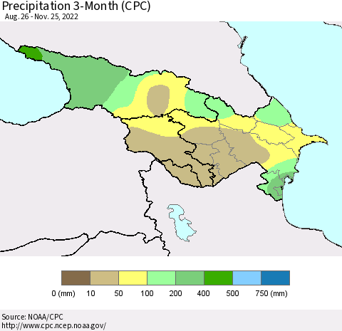 Azerbaijan, Armenia and Georgia Precipitation 3-Month (CPC) Thematic Map For 8/26/2022 - 11/25/2022