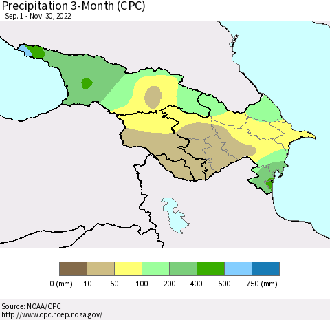 Azerbaijan, Armenia and Georgia Precipitation 3-Month (CPC) Thematic Map For 9/1/2022 - 11/30/2022