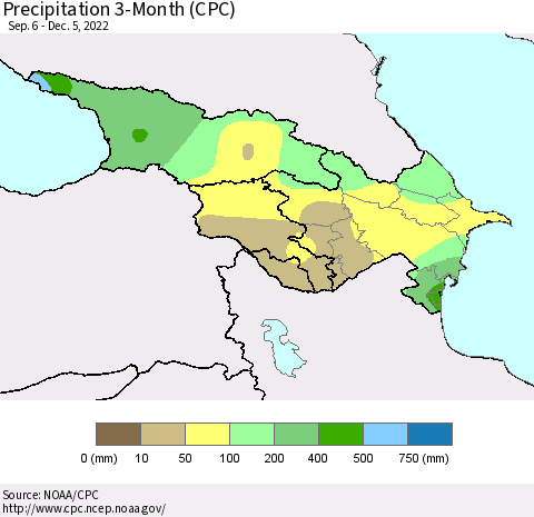 Azerbaijan, Armenia and Georgia Precipitation 3-Month (CPC) Thematic Map For 9/6/2022 - 12/5/2022