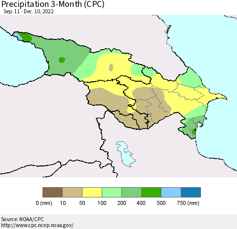 Azerbaijan, Armenia and Georgia Precipitation 3-Month (CPC) Thematic Map For 9/11/2022 - 12/10/2022