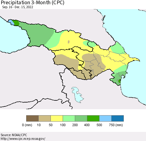 Azerbaijan, Armenia and Georgia Precipitation 3-Month (CPC) Thematic Map For 9/16/2022 - 12/15/2022