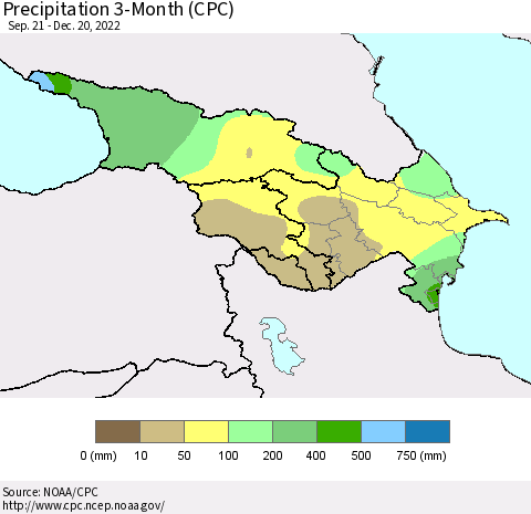 Azerbaijan, Armenia and Georgia Precipitation 3-Month (CPC) Thematic Map For 9/21/2022 - 12/20/2022