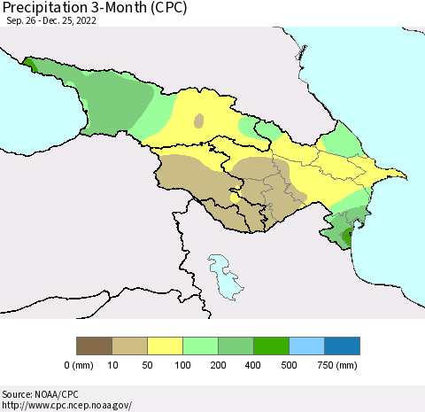Azerbaijan, Armenia and Georgia Precipitation 3-Month (CPC) Thematic Map For 9/26/2022 - 12/25/2022