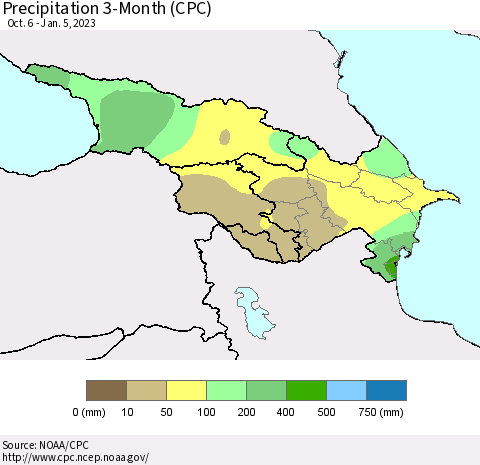 Azerbaijan, Armenia and Georgia Precipitation 3-Month (CPC) Thematic Map For 10/6/2022 - 1/5/2023