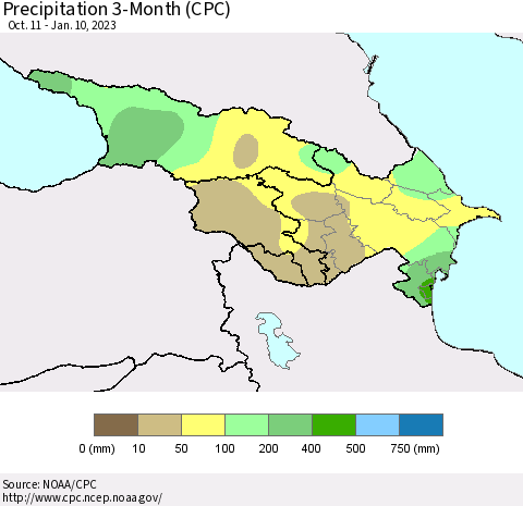 Azerbaijan, Armenia and Georgia Precipitation 3-Month (CPC) Thematic Map For 10/11/2022 - 1/10/2023