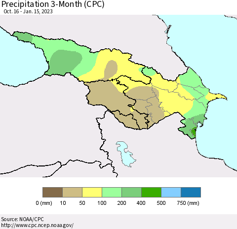 Azerbaijan, Armenia and Georgia Precipitation 3-Month (CPC) Thematic Map For 10/16/2022 - 1/15/2023
