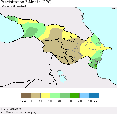 Azerbaijan, Armenia and Georgia Precipitation 3-Month (CPC) Thematic Map For 10/21/2022 - 1/20/2023