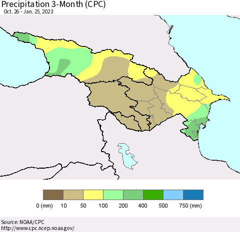 Azerbaijan, Armenia and Georgia Precipitation 3-Month (CPC) Thematic Map For 10/26/2022 - 1/25/2023