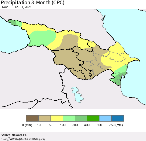 Azerbaijan, Armenia and Georgia Precipitation 3-Month (CPC) Thematic Map For 11/1/2022 - 1/31/2023