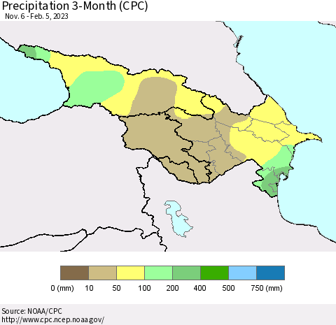 Azerbaijan, Armenia and Georgia Precipitation 3-Month (CPC) Thematic Map For 11/6/2022 - 2/5/2023