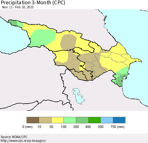 Azerbaijan, Armenia and Georgia Precipitation 3-Month (CPC) Thematic Map For 11/11/2022 - 2/10/2023