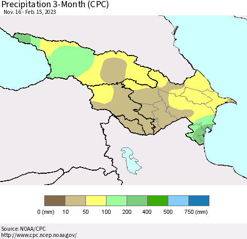 Azerbaijan, Armenia and Georgia Precipitation 3-Month (CPC) Thematic Map For 11/16/2022 - 2/15/2023
