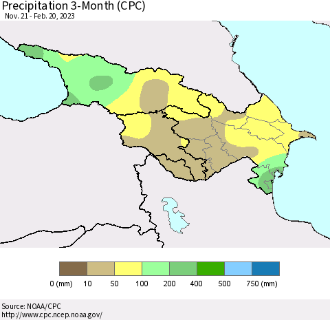 Azerbaijan, Armenia and Georgia Precipitation 3-Month (CPC) Thematic Map For 11/21/2022 - 2/20/2023