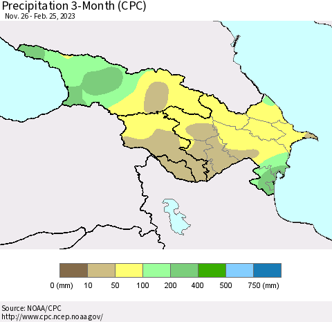Azerbaijan, Armenia and Georgia Precipitation 3-Month (CPC) Thematic Map For 11/26/2022 - 2/25/2023