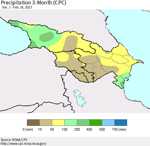 Azerbaijan, Armenia and Georgia Precipitation 3-Month (CPC) Thematic Map For 12/1/2022 - 2/28/2023