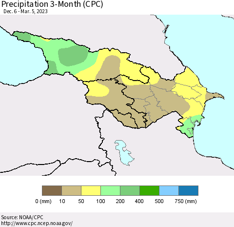 Azerbaijan, Armenia and Georgia Precipitation 3-Month (CPC) Thematic Map For 12/6/2022 - 3/5/2023
