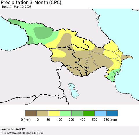 Azerbaijan, Armenia and Georgia Precipitation 3-Month (CPC) Thematic Map For 12/11/2022 - 3/10/2023