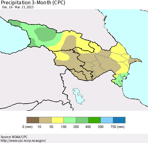 Azerbaijan, Armenia and Georgia Precipitation 3-Month (CPC) Thematic Map For 12/16/2022 - 3/15/2023
