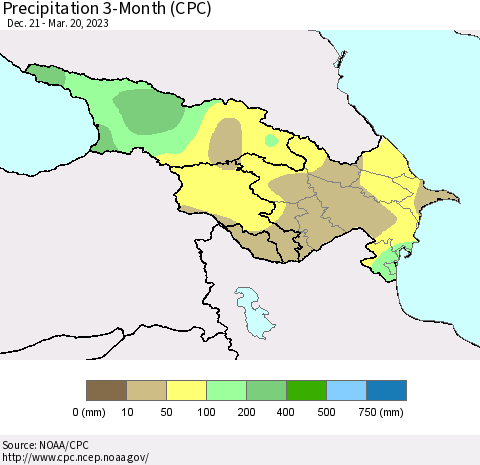 Azerbaijan, Armenia and Georgia Precipitation 3-Month (CPC) Thematic Map For 12/21/2022 - 3/20/2023