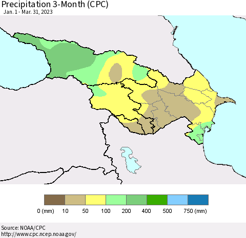 Azerbaijan, Armenia and Georgia Precipitation 3-Month (CPC) Thematic Map For 1/1/2023 - 3/31/2023
