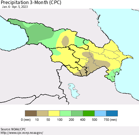 Azerbaijan, Armenia and Georgia Precipitation 3-Month (CPC) Thematic Map For 1/6/2023 - 4/5/2023