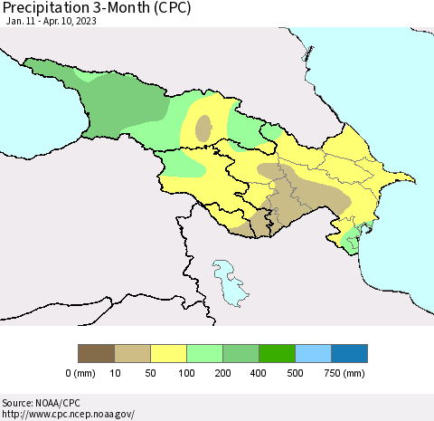 Azerbaijan, Armenia and Georgia Precipitation 3-Month (CPC) Thematic Map For 1/11/2023 - 4/10/2023