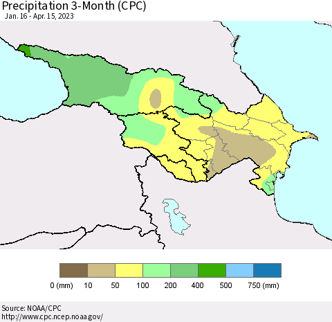 Azerbaijan, Armenia and Georgia Precipitation 3-Month (CPC) Thematic Map For 1/16/2023 - 4/15/2023