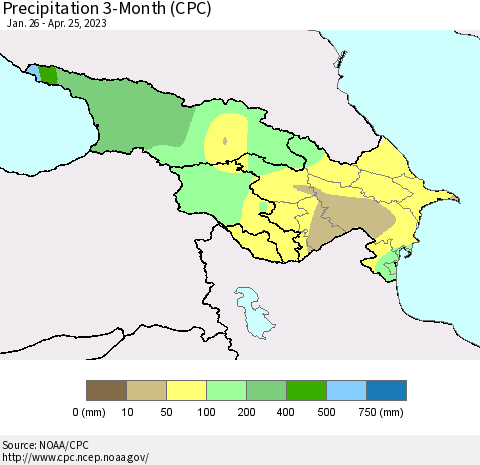 Azerbaijan, Armenia and Georgia Precipitation 3-Month (CPC) Thematic Map For 1/26/2023 - 4/25/2023