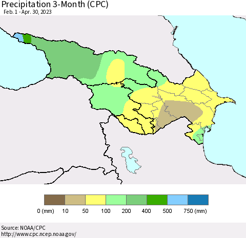 Azerbaijan, Armenia and Georgia Precipitation 3-Month (CPC) Thematic Map For 2/1/2023 - 4/30/2023