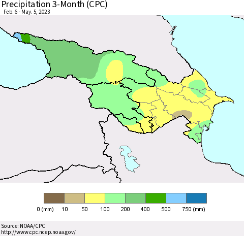 Azerbaijan, Armenia and Georgia Precipitation 3-Month (CPC) Thematic Map For 2/6/2023 - 5/5/2023