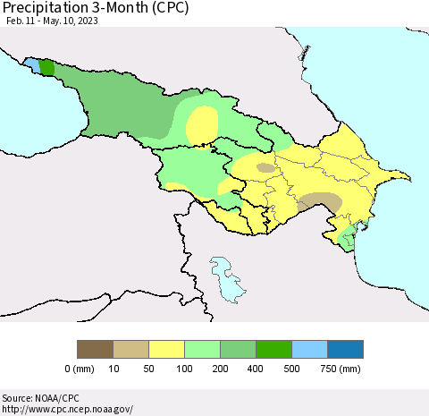 Azerbaijan, Armenia and Georgia Precipitation 3-Month (CPC) Thematic Map For 2/11/2023 - 5/10/2023