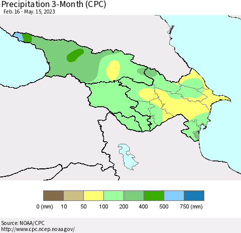 Azerbaijan, Armenia and Georgia Precipitation 3-Month (CPC) Thematic Map For 2/16/2023 - 5/15/2023