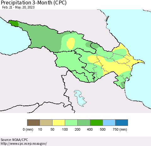 Azerbaijan, Armenia and Georgia Precipitation 3-Month (CPC) Thematic Map For 2/21/2023 - 5/20/2023