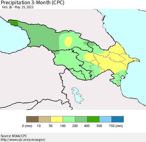 Azerbaijan, Armenia and Georgia Precipitation 3-Month (CPC) Thematic Map For 2/26/2023 - 5/25/2023