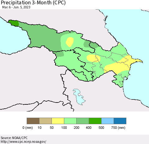 Azerbaijan, Armenia and Georgia Precipitation 3-Month (CPC) Thematic Map For 3/6/2023 - 6/5/2023