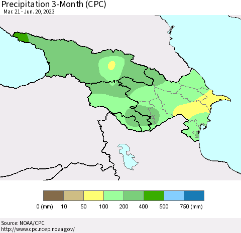 Azerbaijan, Armenia and Georgia Precipitation 3-Month (CPC) Thematic Map For 3/21/2023 - 6/20/2023