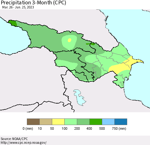 Azerbaijan, Armenia and Georgia Precipitation 3-Month (CPC) Thematic Map For 3/26/2023 - 6/25/2023