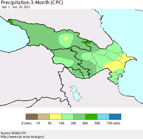 Azerbaijan, Armenia and Georgia Precipitation 3-Month (CPC) Thematic Map For 4/1/2023 - 6/30/2023