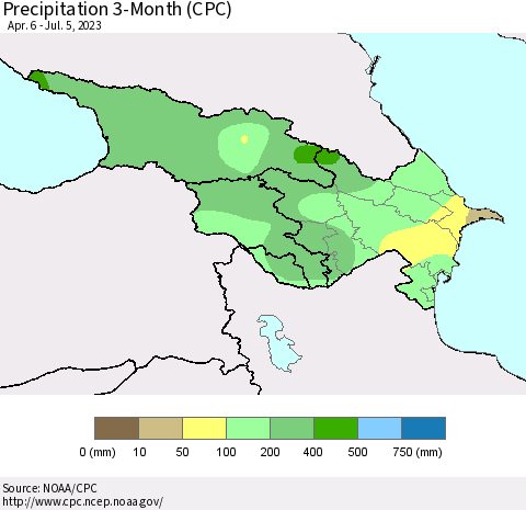 Azerbaijan, Armenia and Georgia Precipitation 3-Month (CPC) Thematic Map For 4/6/2023 - 7/5/2023