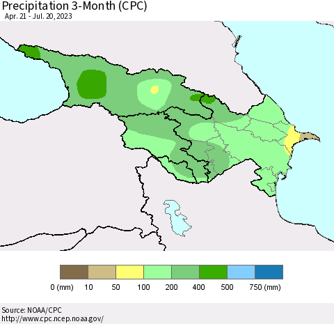 Azerbaijan, Armenia and Georgia Precipitation 3-Month (CPC) Thematic Map For 4/21/2023 - 7/20/2023