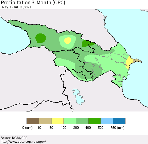 Azerbaijan, Armenia and Georgia Precipitation 3-Month (CPC) Thematic Map For 5/1/2023 - 7/31/2023