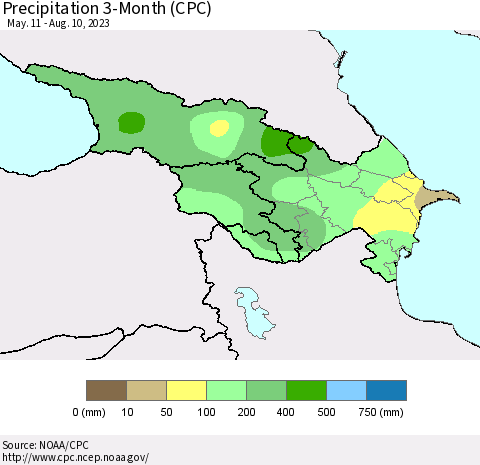 Azerbaijan, Armenia and Georgia Precipitation 3-Month (CPC) Thematic Map For 5/11/2023 - 8/10/2023