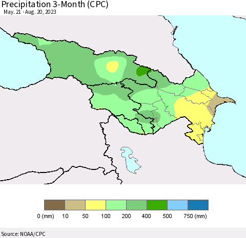 Azerbaijan, Armenia and Georgia Precipitation 3-Month (CPC) Thematic Map For 5/21/2023 - 8/20/2023