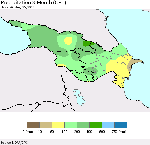 Azerbaijan, Armenia and Georgia Precipitation 3-Month (CPC) Thematic Map For 5/26/2023 - 8/25/2023