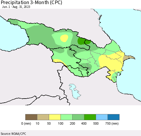 Azerbaijan, Armenia and Georgia Precipitation 3-Month (CPC) Thematic Map For 6/1/2023 - 8/31/2023