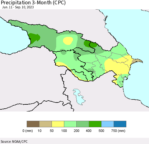 Azerbaijan, Armenia and Georgia Precipitation 3-Month (CPC) Thematic Map For 6/11/2023 - 9/10/2023