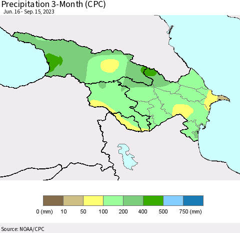 Azerbaijan, Armenia and Georgia Precipitation 3-Month (CPC) Thematic Map For 6/16/2023 - 9/15/2023